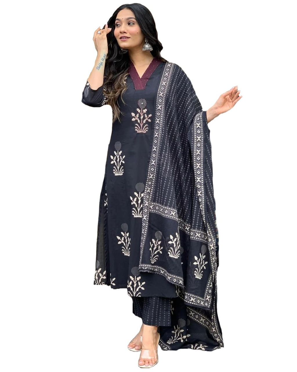 ANNI DESIGNER Womens Rayon Blend Straight Printed Kurta with Pant & Dupatta (Jimny Black_S_Black_Small)