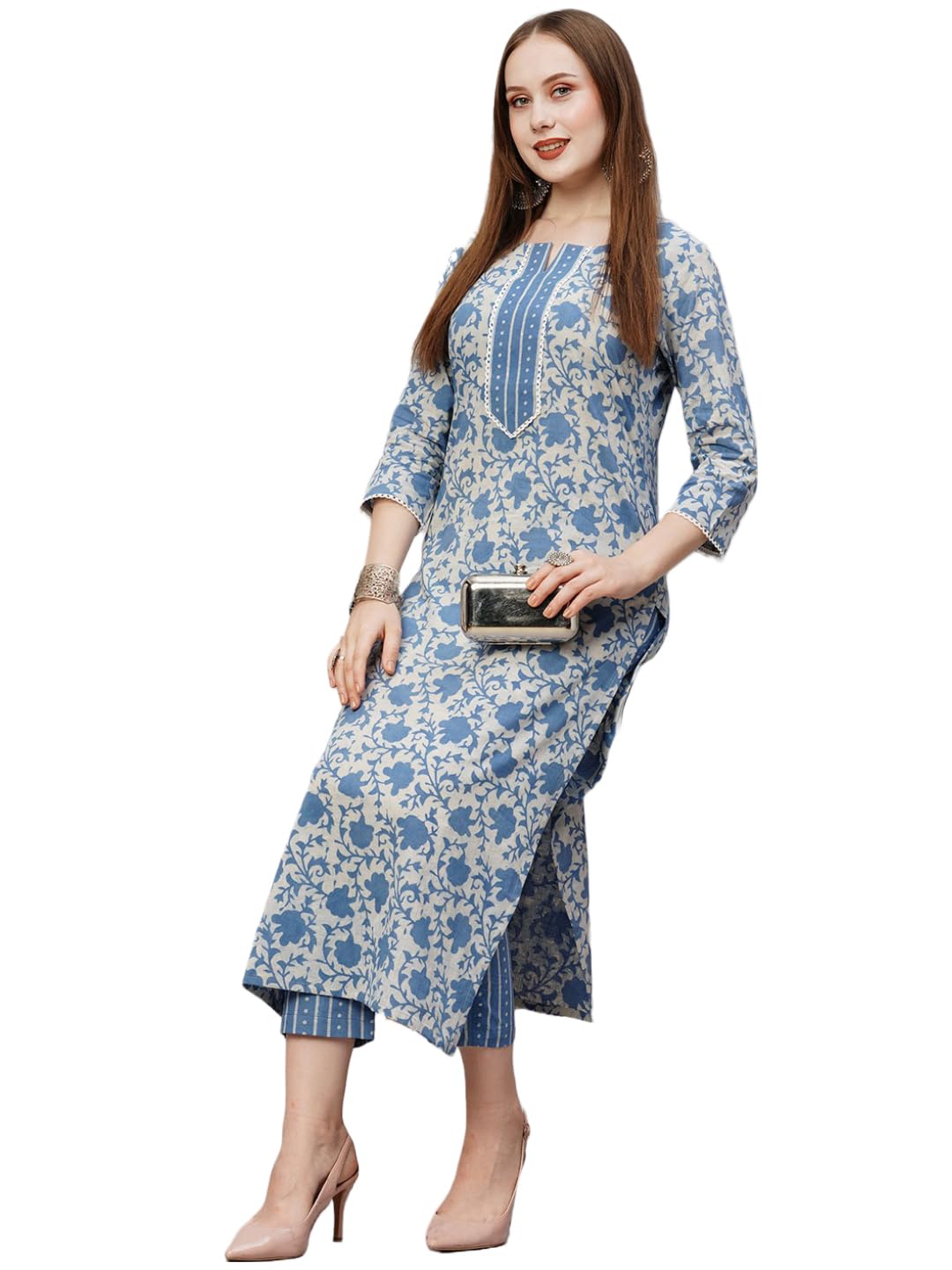 ANNI DESIGNER Womens Cotton Blend Printed Straight Kurta with Pant (Mung Blue_XL_Blue_X-Large)