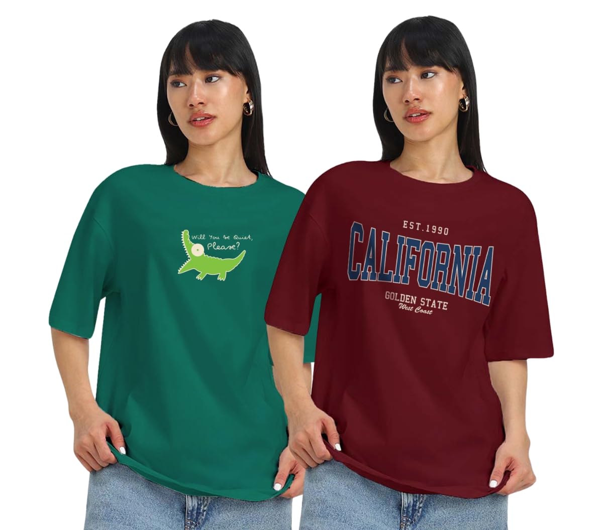 Juneberry Pack Of 2, 100% Pure Cotton, Round Neck, Oversized, Loose, Baggy Fit, Drop Shoulder, Graphic Printed, Half Sleeve T-Sh