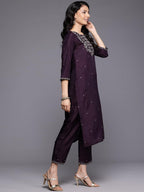 Varanga Women Purple Thread Embroidered Sequins Embellished Straight Kurta Paired With Bottom And Dupatta