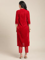 Varanga Women Red Embroidred Velvet Kurta Paired With Brocade Trouser
