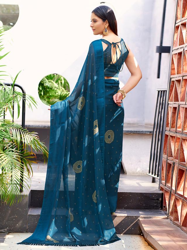 Satrani Womens Chiffon Bandhani Printed & Woven Border Saree with Unstitched Blouse Piecex