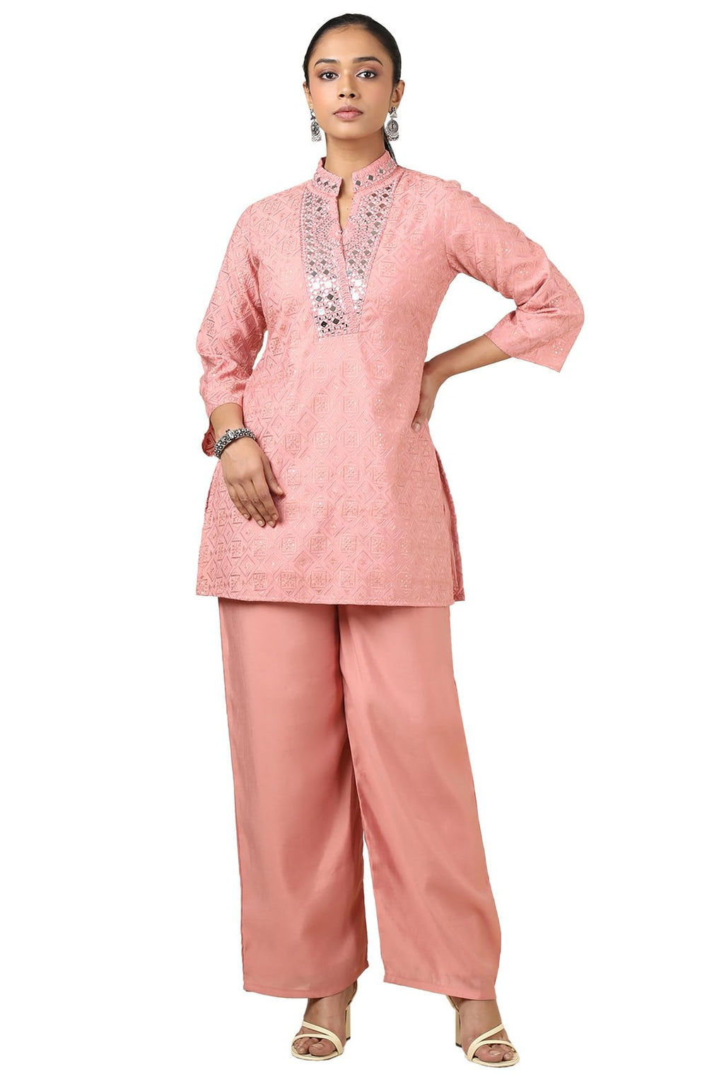 Soch Women Roman Silk Geometric Kurta Set with Mirror Work