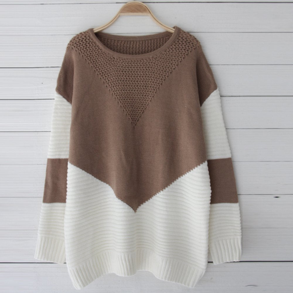 shermie Women Long Sleeve Crew Neck Pullovers Stitching Color Loose Knitted Sweaters (X-Large,Camel)