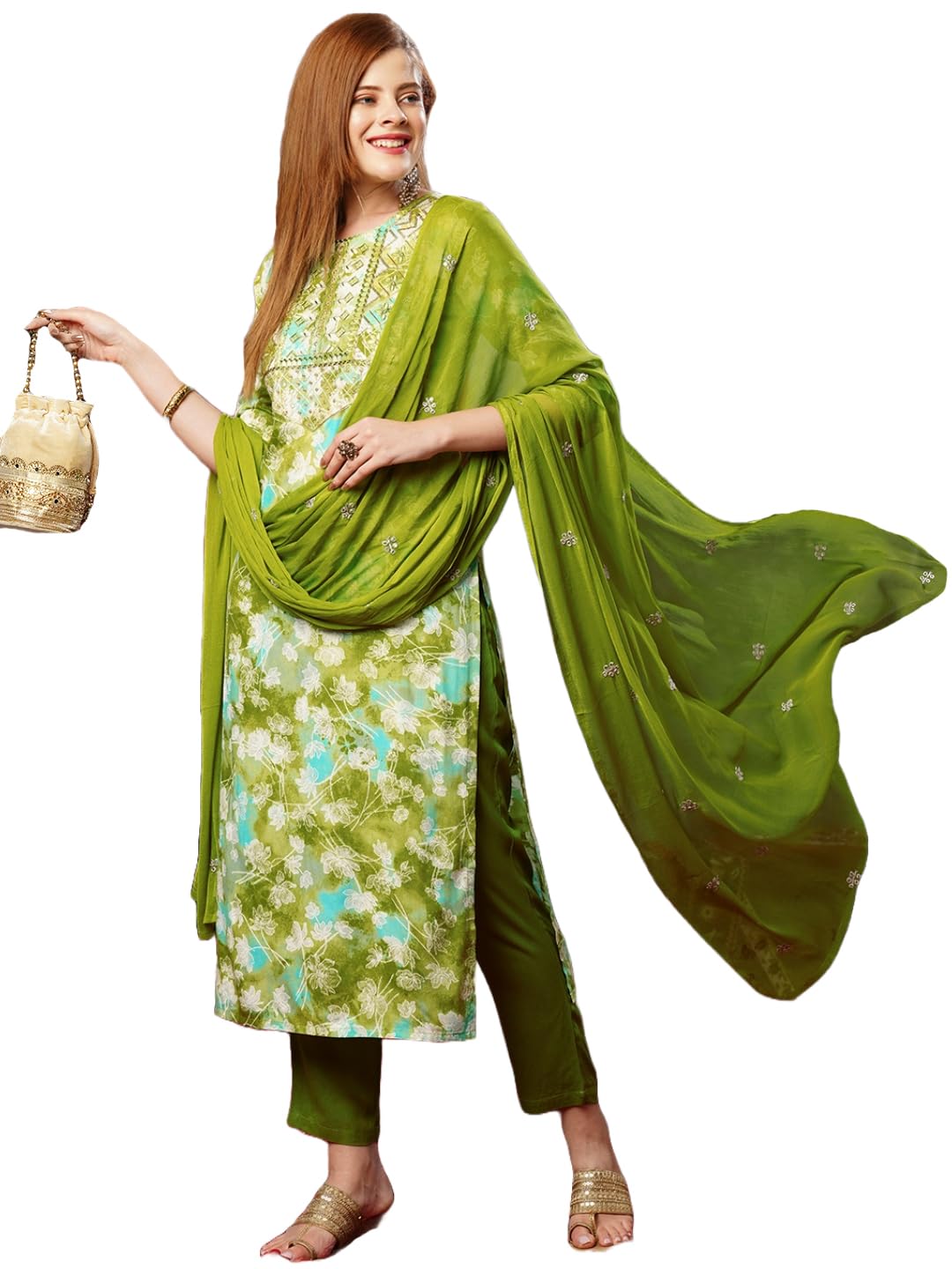 ANNI DESIGNER Womens Cotton Blend Printed Straight Kurta with Pant & Dupatta (Bhadrusha Green-JB_S_Green_Small)