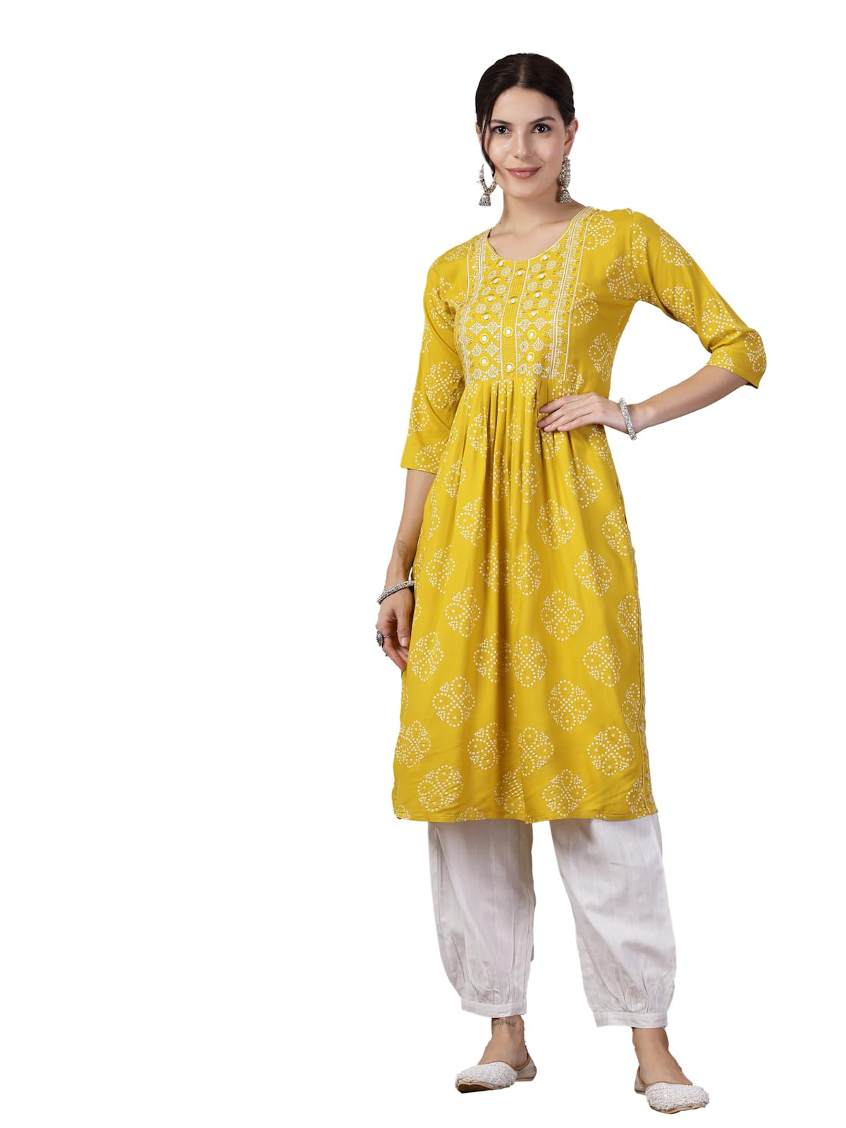Stylum Women'S Bandhani Printed & Embroidered Rayon Naira Cut Kurta (Mustardmario40_Mustard, L)