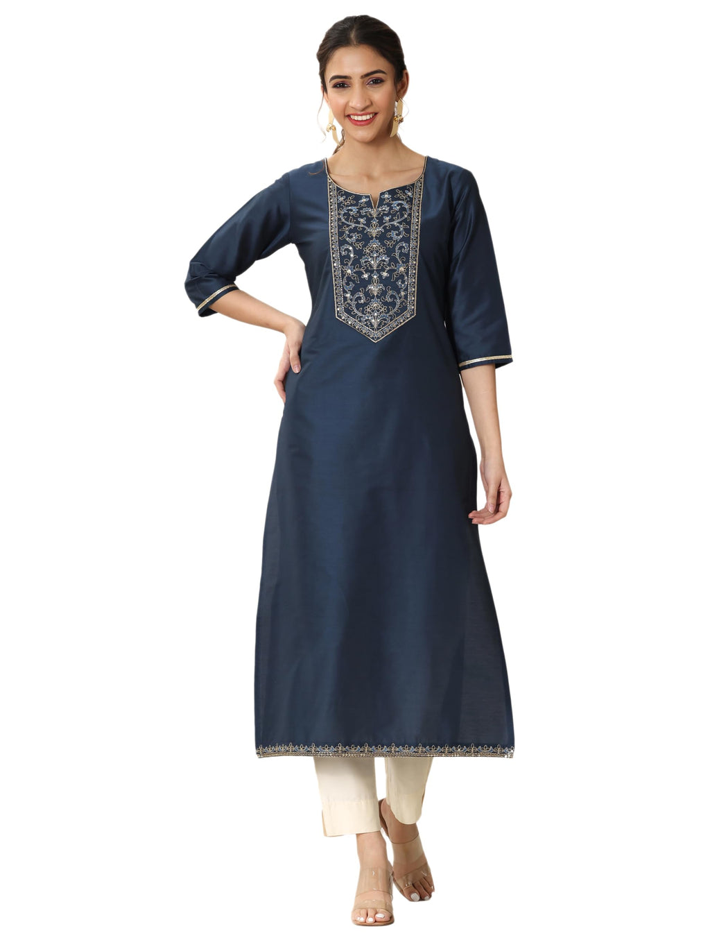 Libas WomenS Silk Floral Straight Kurtas (98154_Navy Blue_Xl)