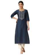 Libas WomenS Silk Floral Straight Kurtas (98154_Navy Blue_Xl)