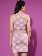 Juneberry Lavender & Yellow Floral Printed Round Neck Sleeveless Co-Ord Sets For Women With Waist Tie-Up Detail