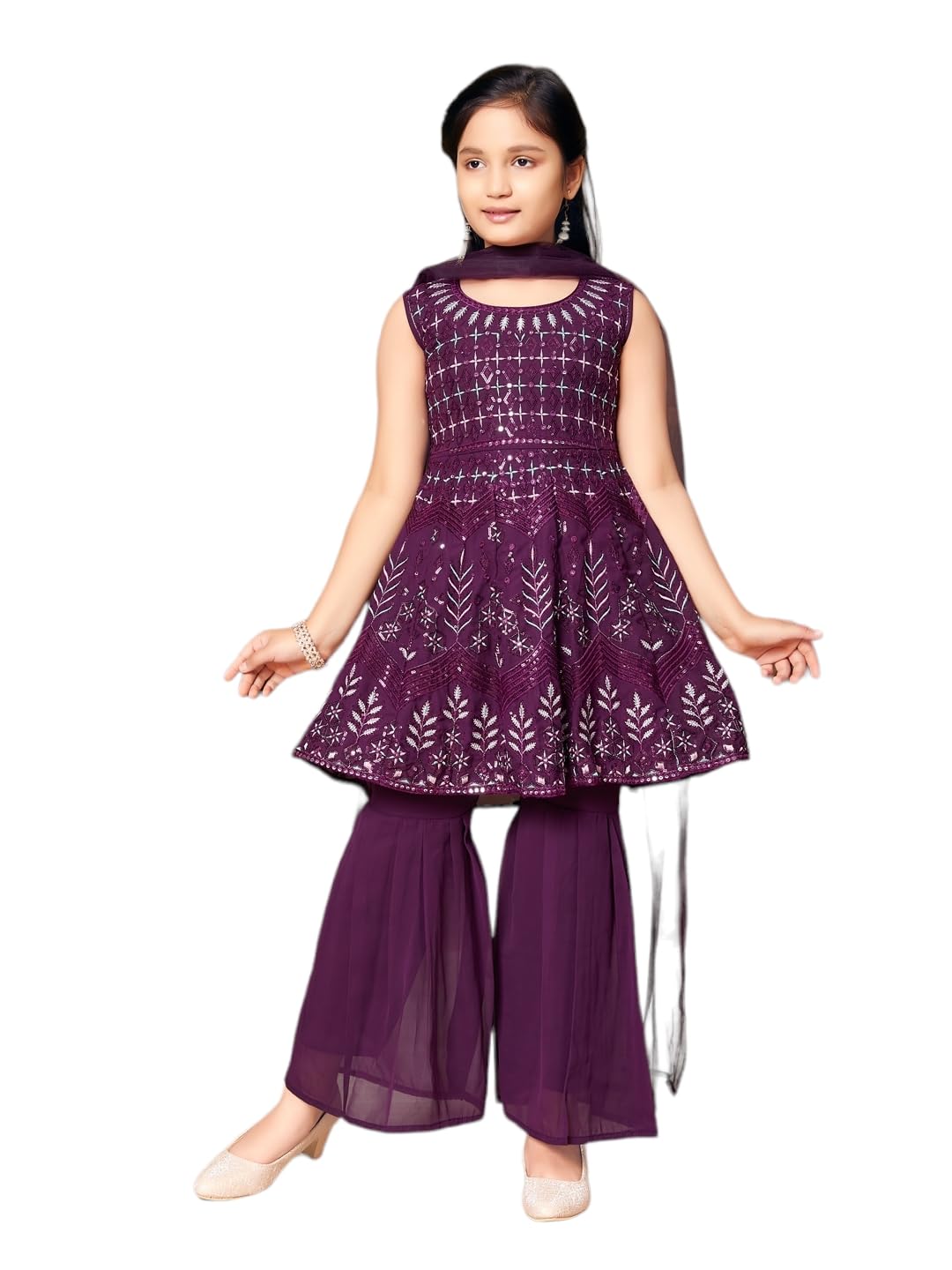 Aarika Girls Ethnic Wear Purple Colour Sequin Embroidery Georgette Kurti Sharara Set (4-10 Years)