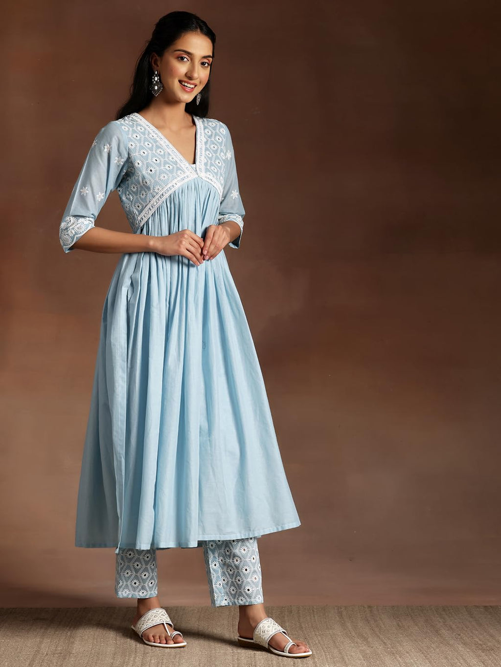 Libas Womens Embroidered Cotton A-Line Kurta With Palazzos And Dupatta