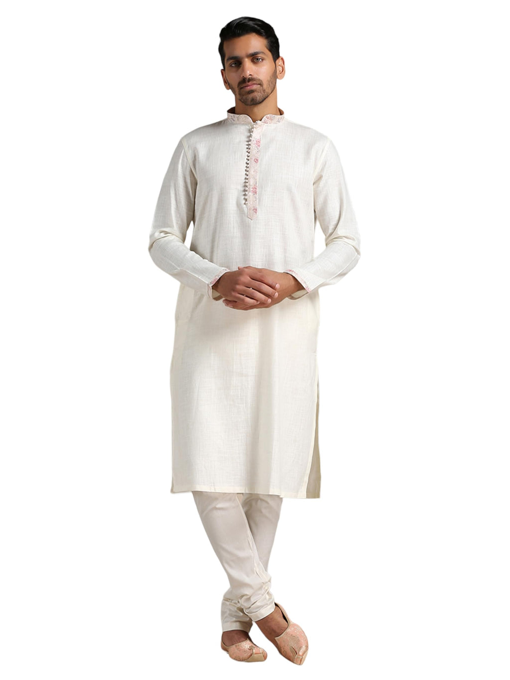 Manyavar MenS Cotton Regular Fit Traditional Full Sleeves Kurta Payjama Set (Cream, L)
