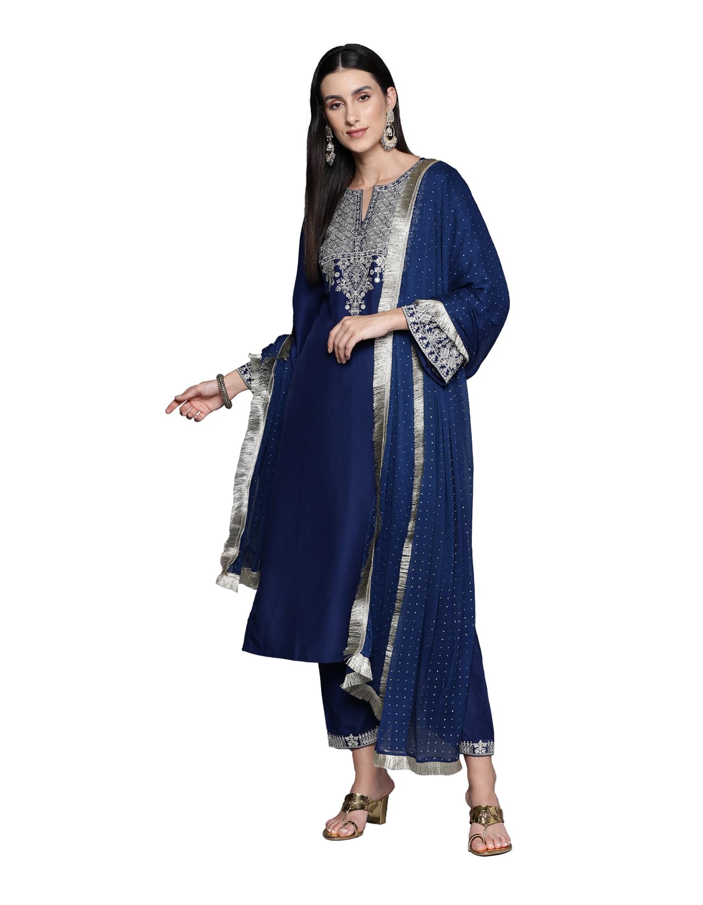 Varanga Women Blue Embroidered Straight Kurta With Tonal Bottom And Dupatta For Formal And Festive Occasions (Extra Large)