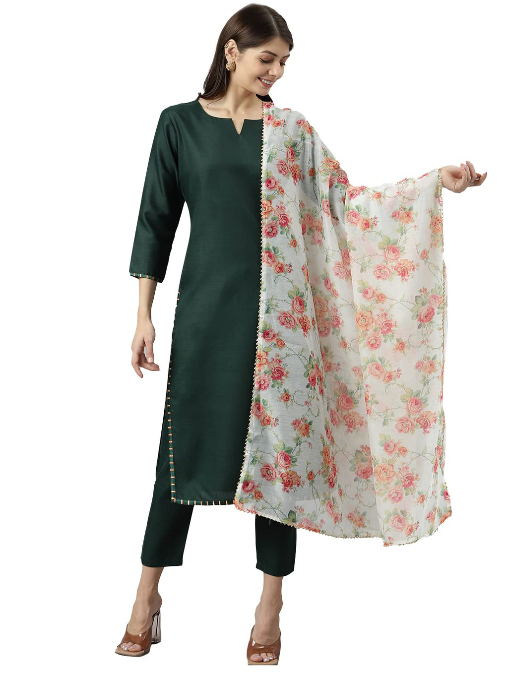 ANNI DESIGNER Women's Polycotton Straight Kurta with Pant & Dupatta (Amrik Dark Green_XL_NEW01_Green_X-Large)