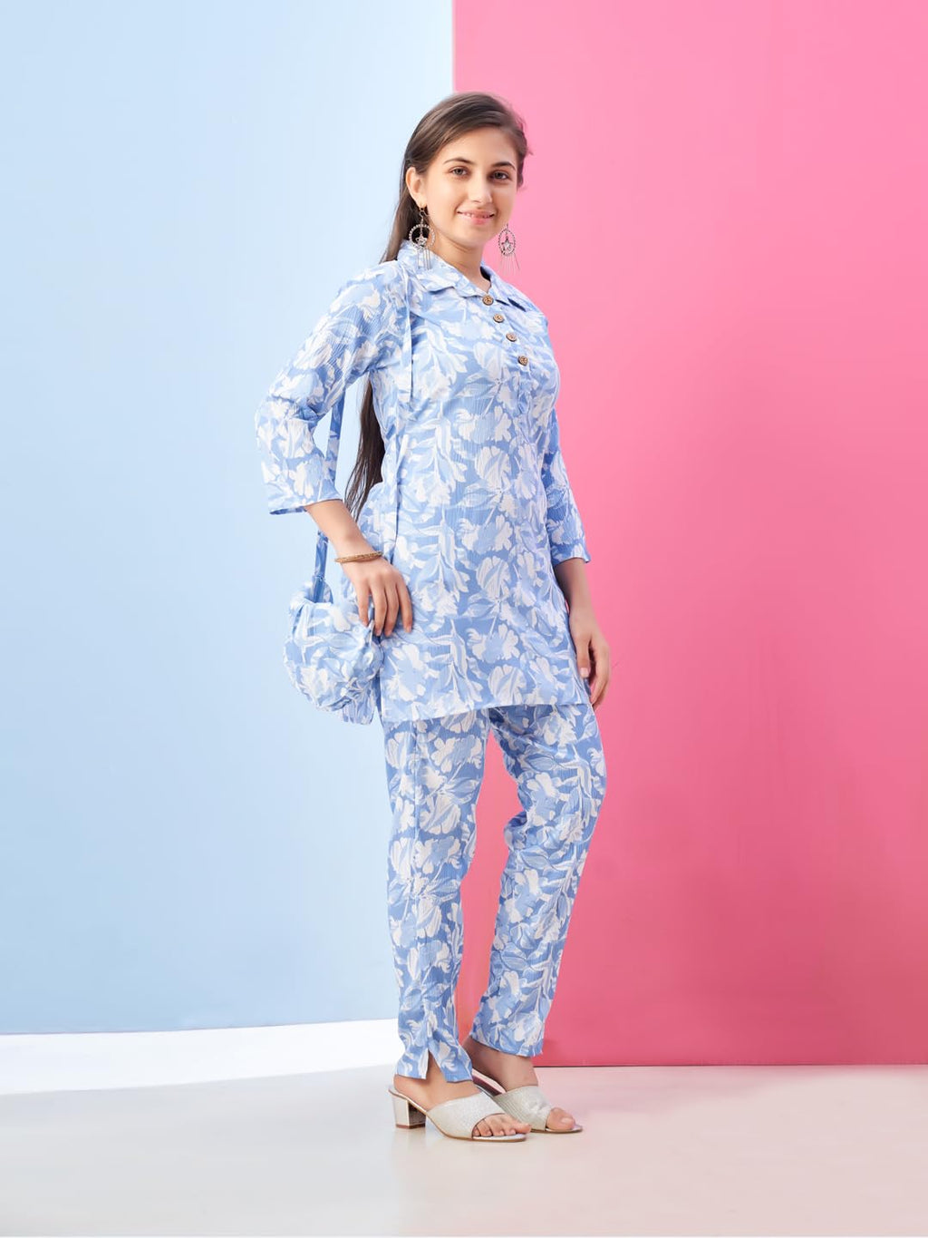 Aarika Girls Casual Wear Sky Blue Colour Floral Print Polyester Co-ord Set-8-15 Years (KP-TR-K-951)
