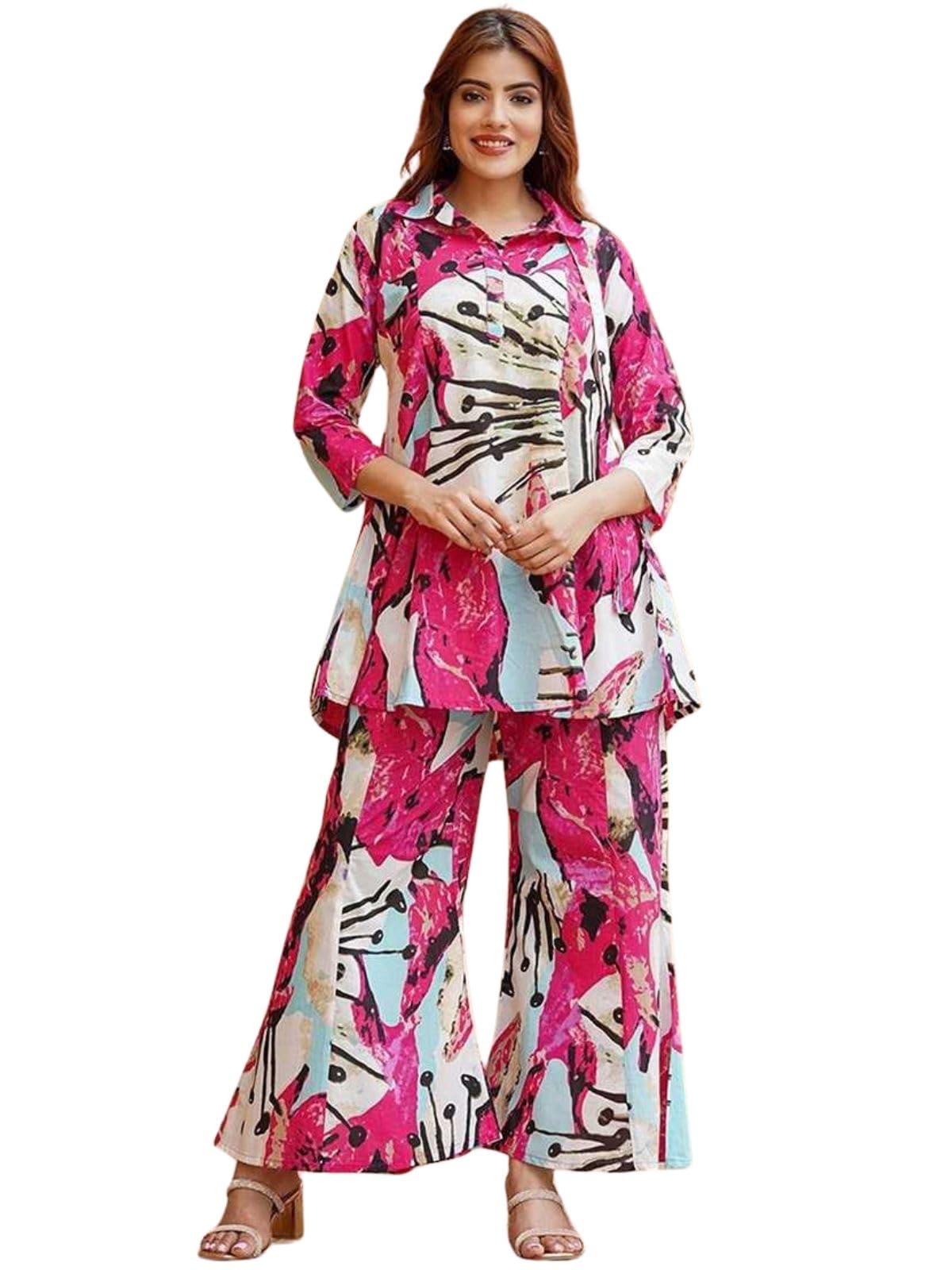 Dhruvi Trendz Casual Regular Fit Rayon Floral Ethnic Co-Ord Kurta Set For Women (Available In 2Xl And 3Xl) (Dt-W1848&Tr905_Pink