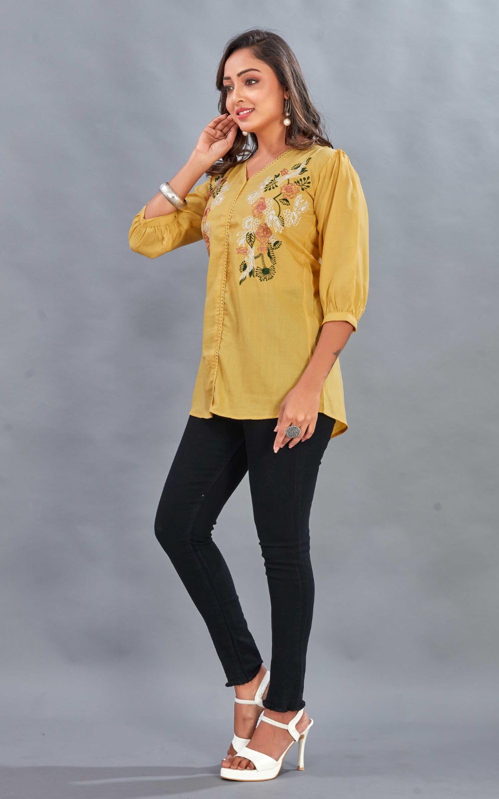 WomenS Embroidered V-Neck Tunic Top | Voscos Rayon 3/4 Balloon Sleeves Tunic For WomenS | Floral Design Casual Wear Top (In, A