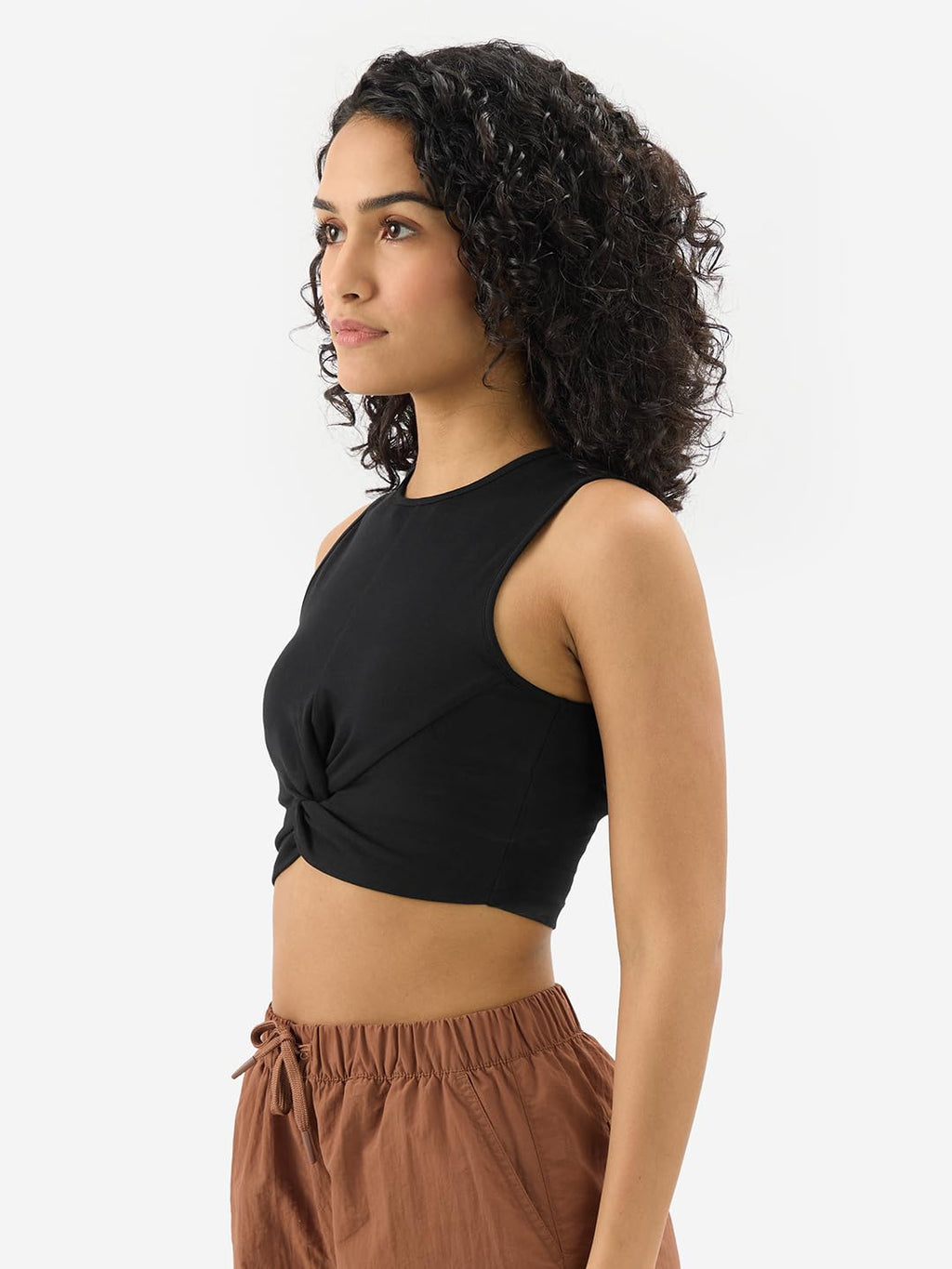The Souled Store Solids: Ink Black Women and Girls Sleeveless Round Neck Cotton Blend Slim Fit Cropped Tops