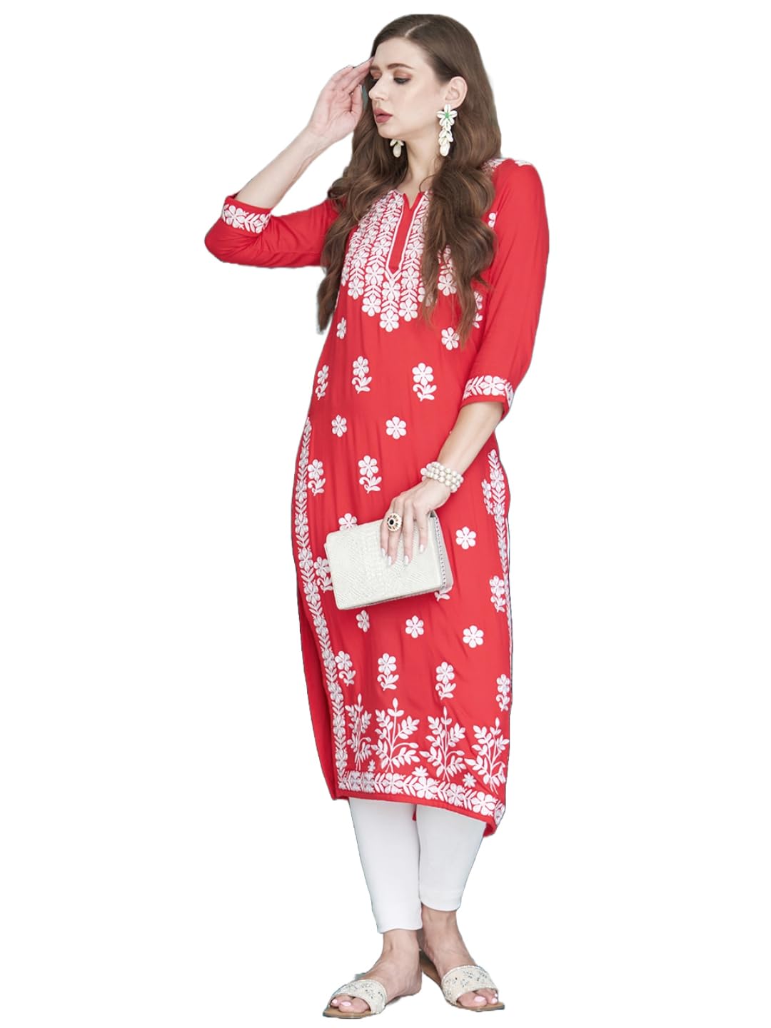 ANNI DESIGNER Women's Cotton Blend Straight Chikankari Embroidered Kurta (River RED-NW_M_Red_Medium)
