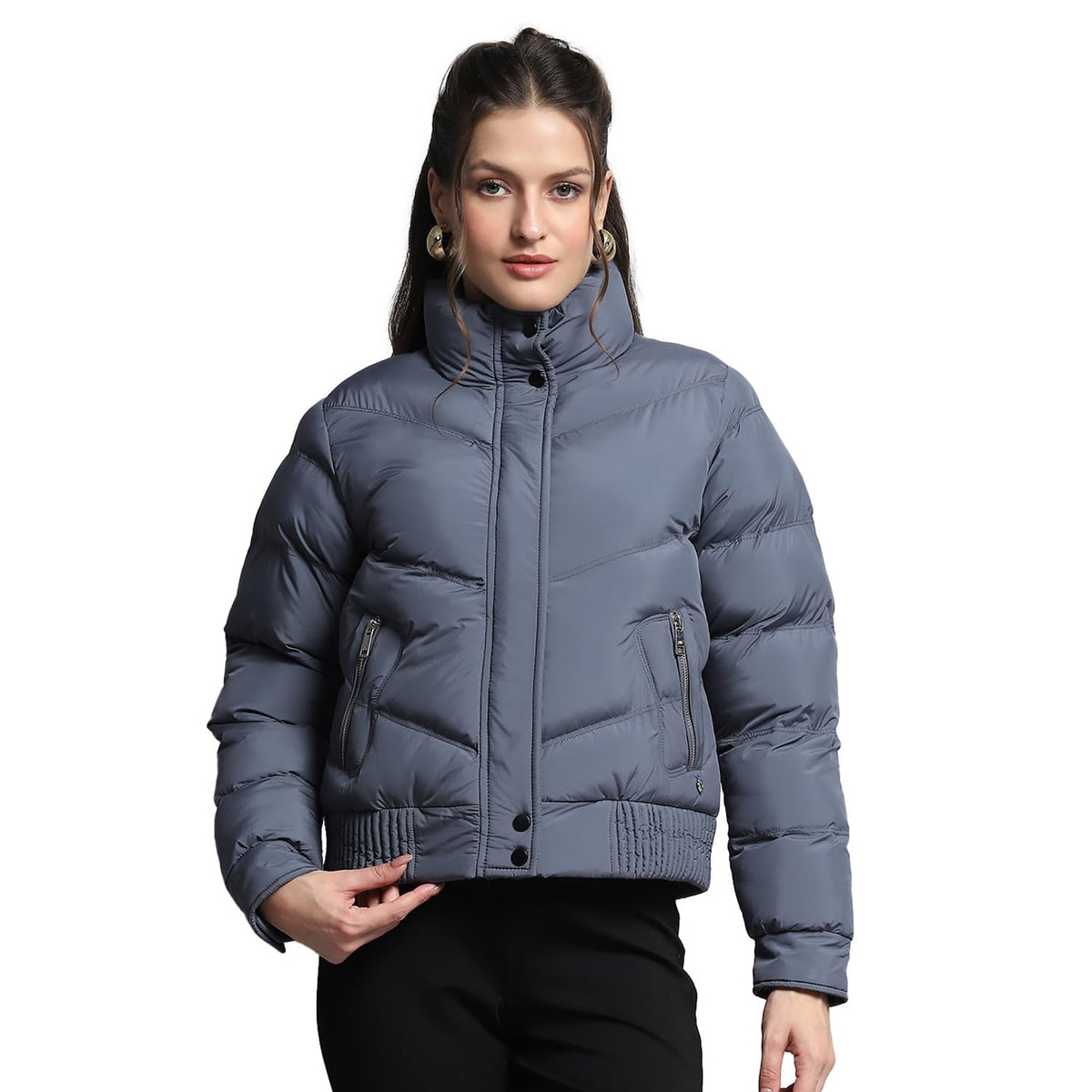 Monte Carlo Womens Solid Blue Mock Neck Full Sleeve Jacket 2