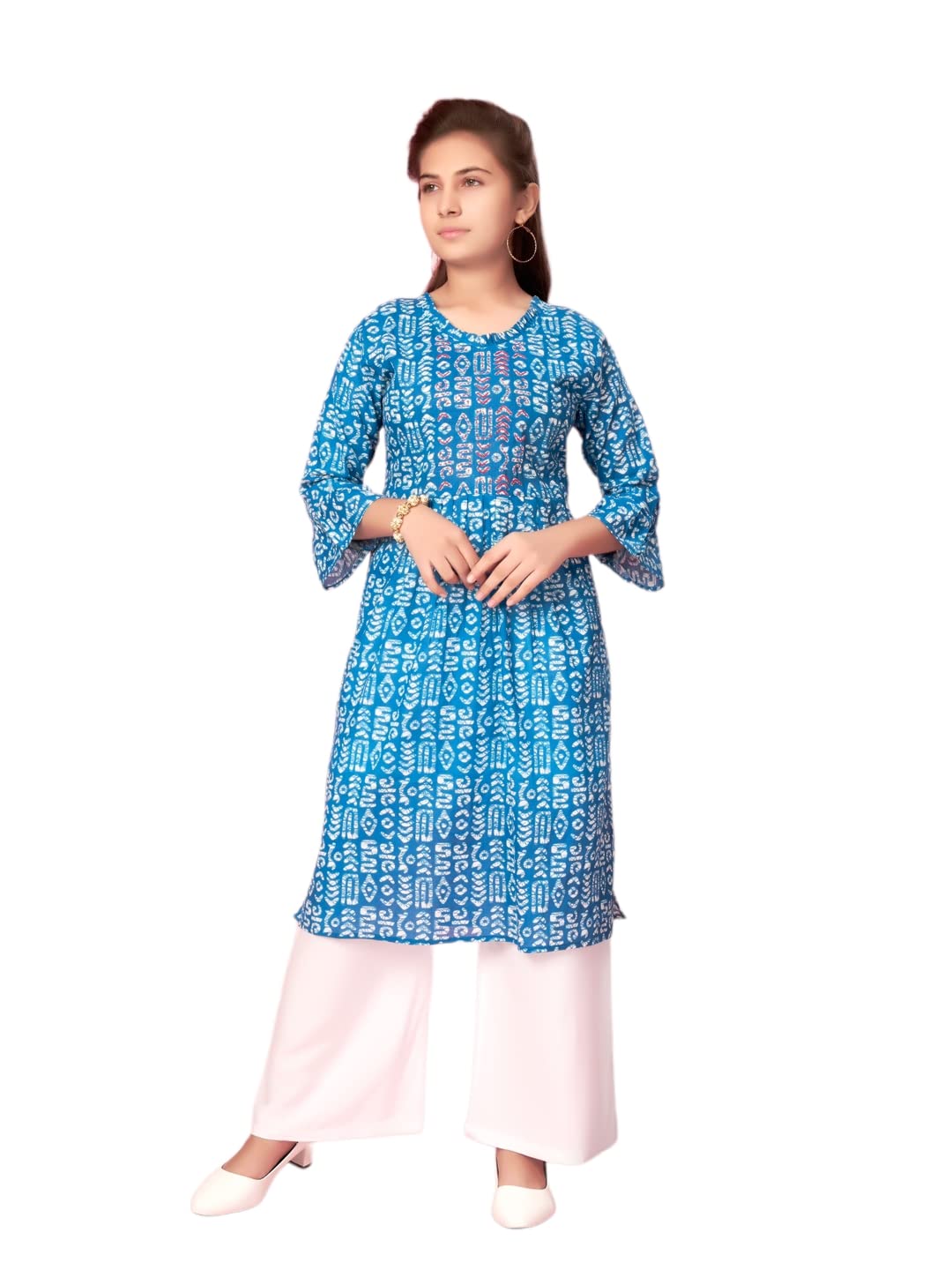Aarika Girls Blue-White Color Cotton Printed Kurti Palazzo Set (Pl-K-548-Blue-White-40)