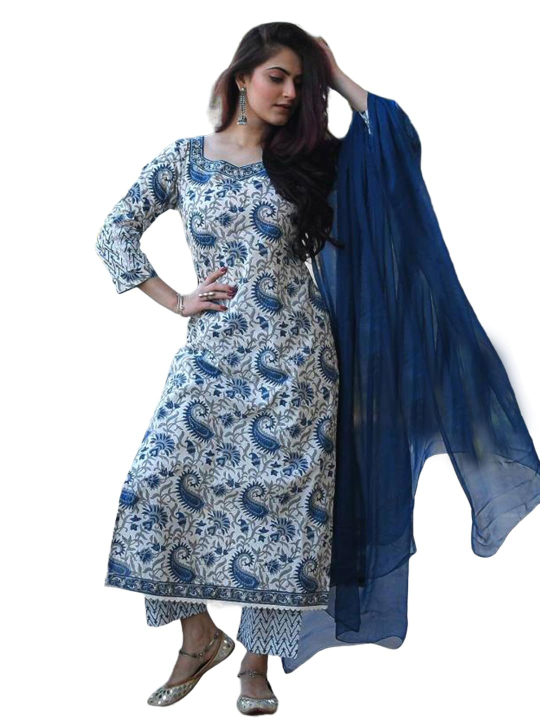 Pinkmint Womens Hevy Cotton Blend Light Blue Kurta Set l Stitched Printed Dupatta Set l Stylish Women Festival Dress (Pack of 1