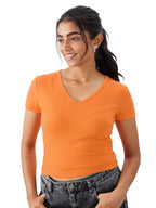 The Souled Store Solids: Blazing Orange Poly Viscose Women & Girls Slim Fit Short Sleeve V-Neck Ribbed Cropped Tops