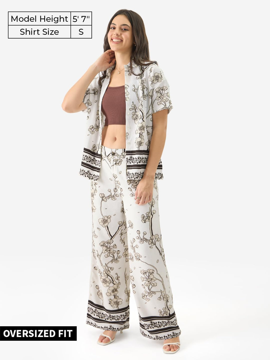 The Souled Store Gardenia Women and Girls Short Sleeve Collared Neck White All Over Print Button Down Oversized Shirts