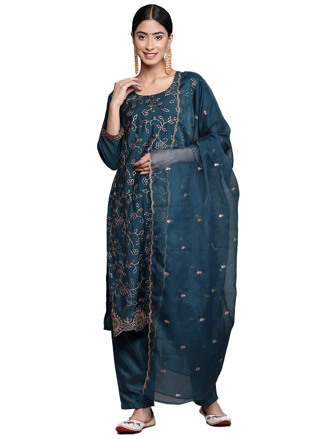 Ishin Women'S Teal Embellished Zari Silk Straight Kurta Suit Set With Trousers & Dupatta