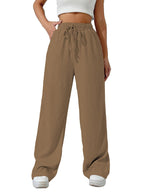 Sugathari Womens Brown Loose Wide-Leg Pants with Textured Wrinkled Fabric and Drawstring Waist Long Trousers (Trouser 157 Brown