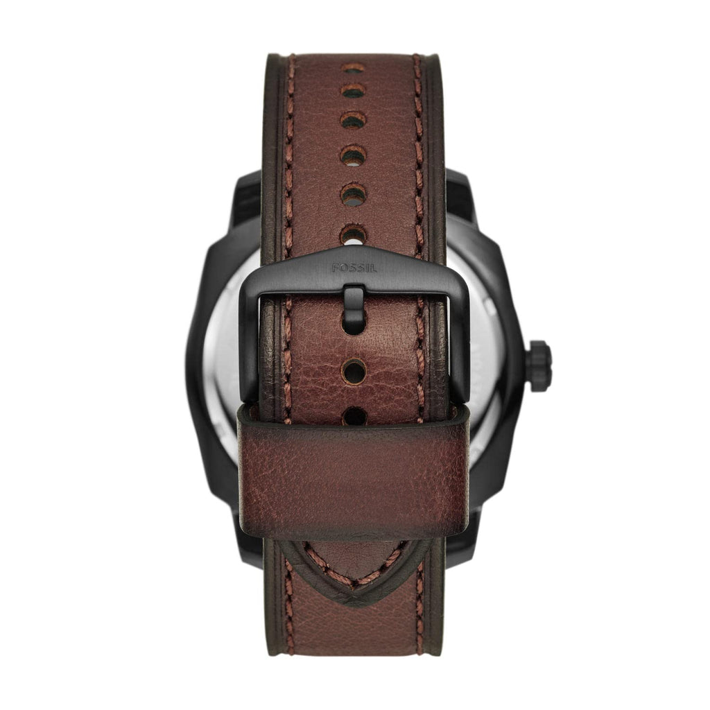 Fossil Men's Machine 49mm Quartz Stainless Steel and Leather Three-Hand Watch, Color: Black, Brown (Model: FS5972)