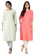 W For Woman Solid Thread Work Cotton Flax Kurtas Combo | Straight Cotton Kurtas For Women Combo Pack Of 2