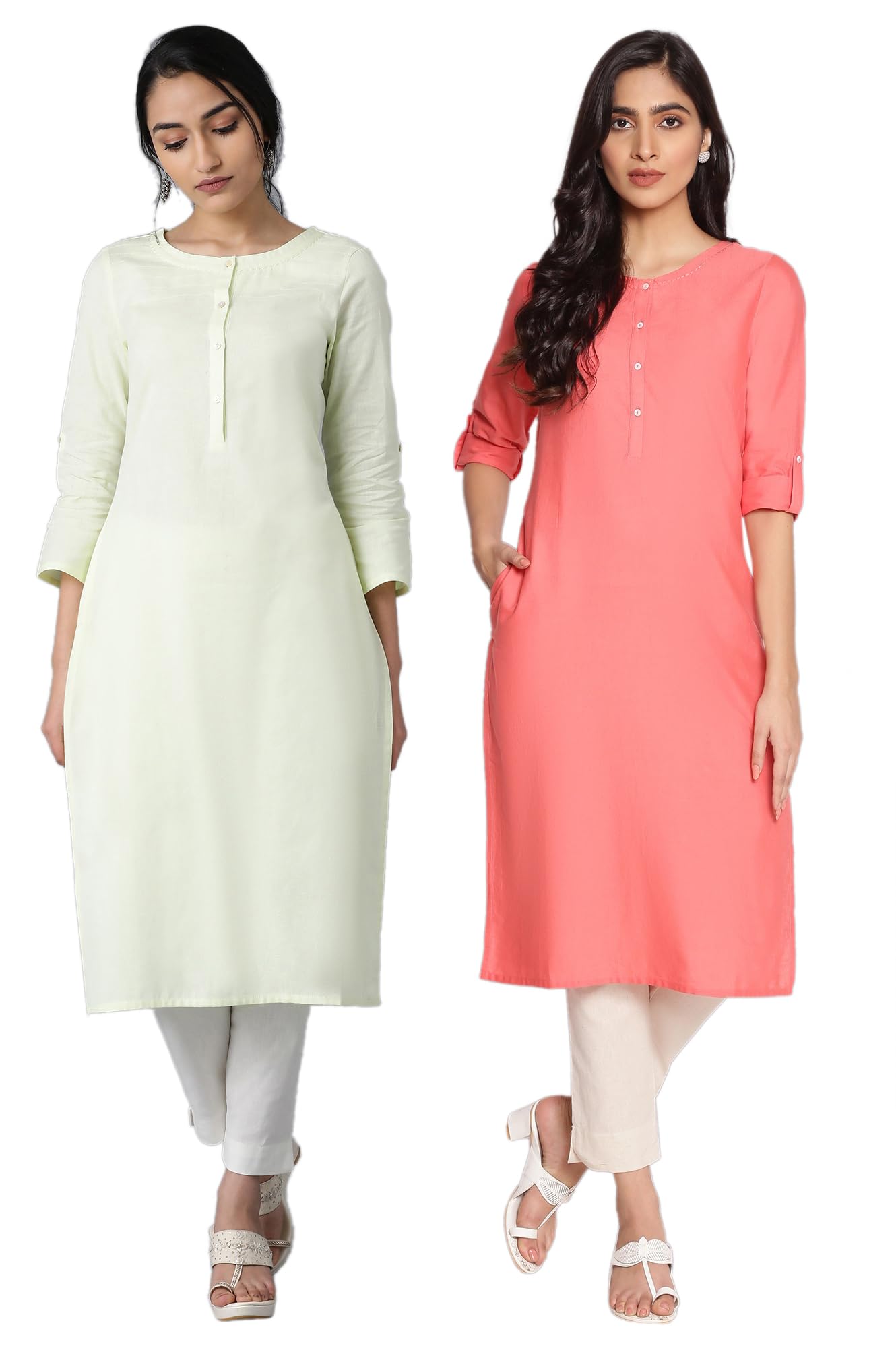 W For Woman Solid Thread Work Cotton Flax Kurtas Combo | Straight Cotton Kurtas For Women Combo Pack Of 2