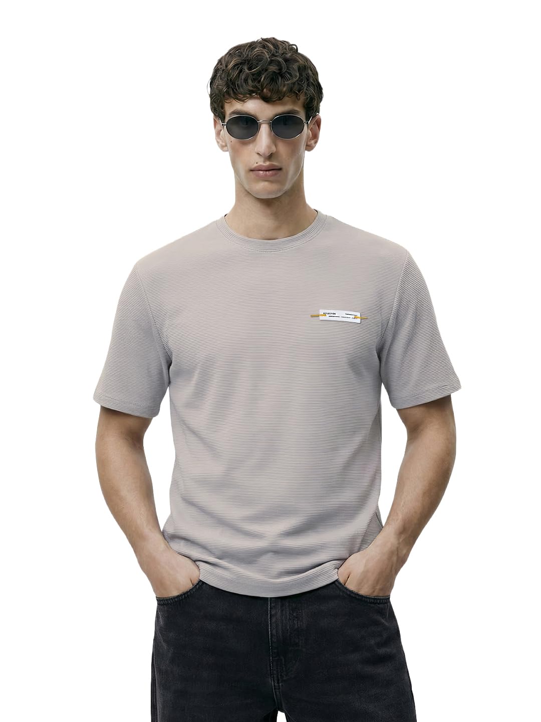 The Indian Garage Co Mens Relaxed Fit Badges Half Sleeves Crew Neck Sweater