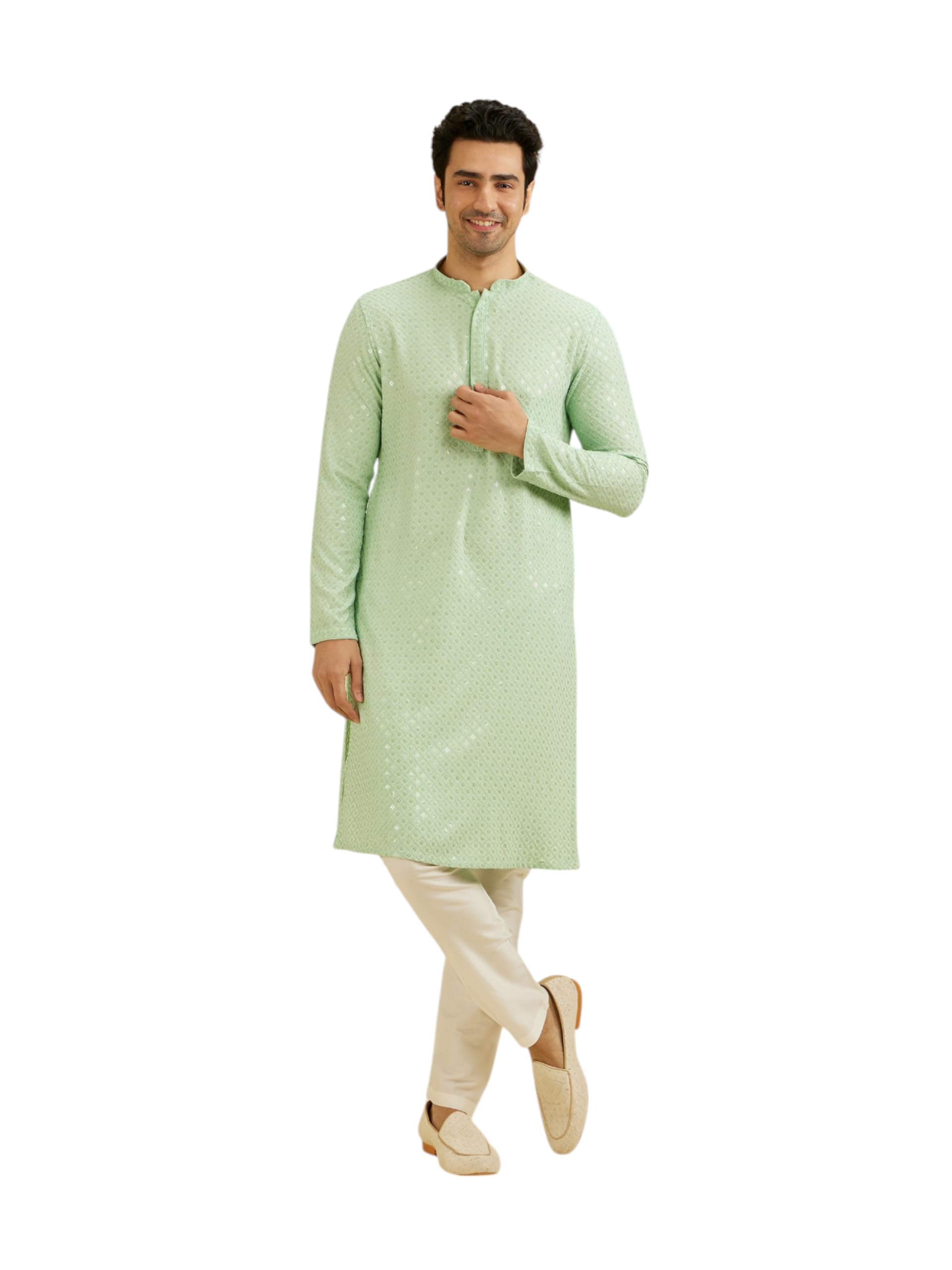 Manyavar MenS Viscose Sequins Shimmer Kurta Set (Light Mid Green,Xxl)