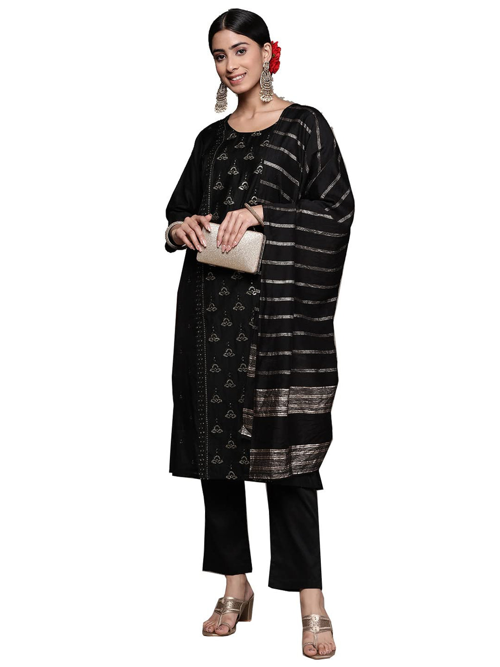 Ishin Women'S Silk Blend Black Embroidered A-Line Kurta Suit Set With Pant & Dupatta