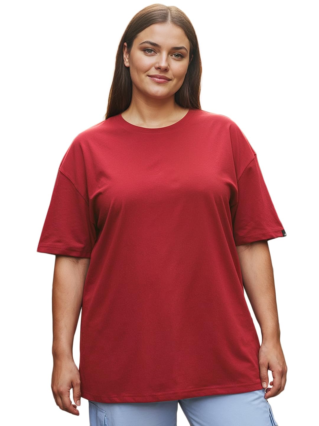 Bewakoof Heavy Duty 1.0 Women Solid Oversized Fit Half Sleeve Round Neck Terry Plus Size T-Shirt_646621_Red_3XL