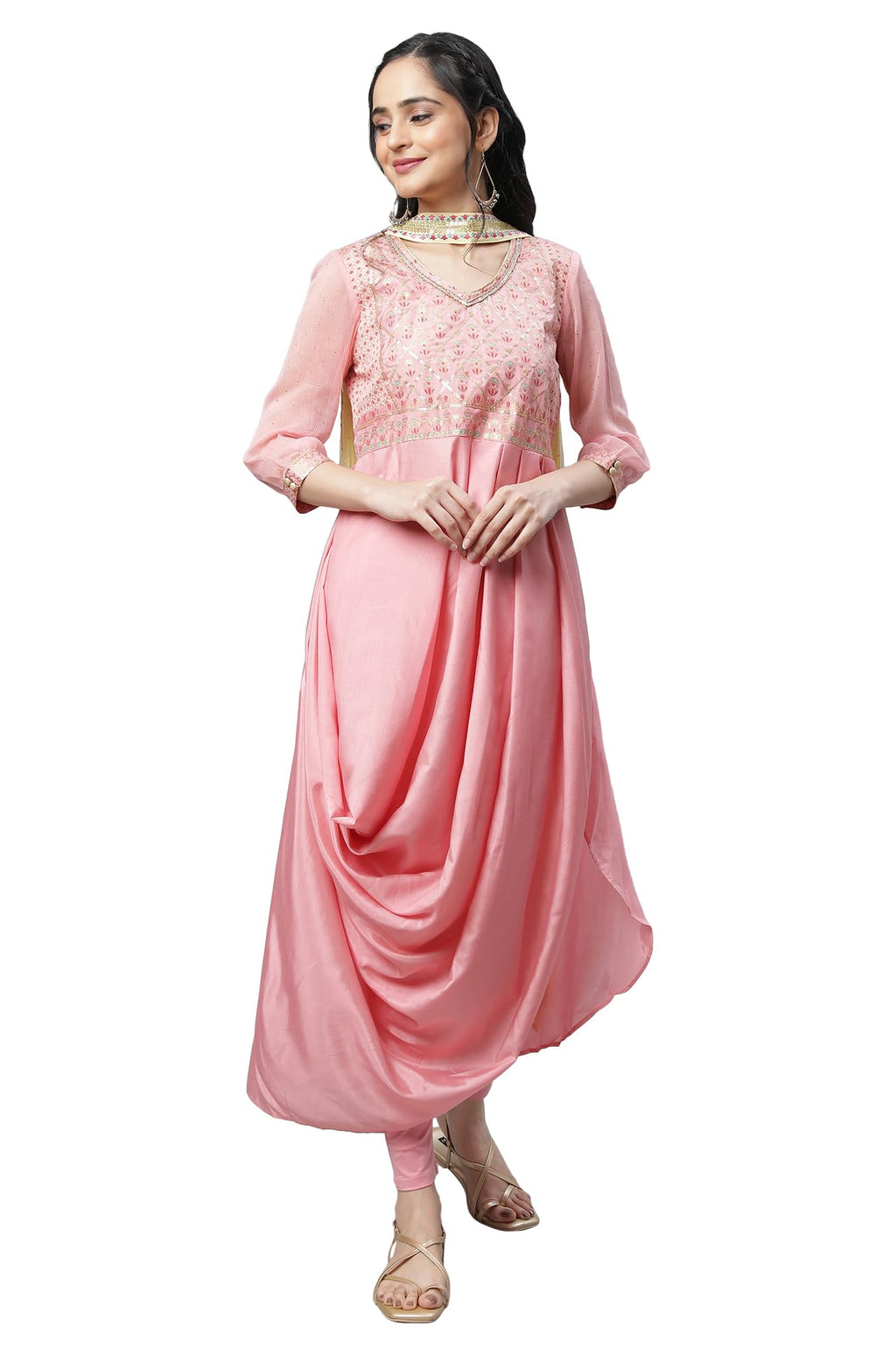 Aurelia Pink Floral Printed Foil Sequin Kurta Dupatta Bottomwear