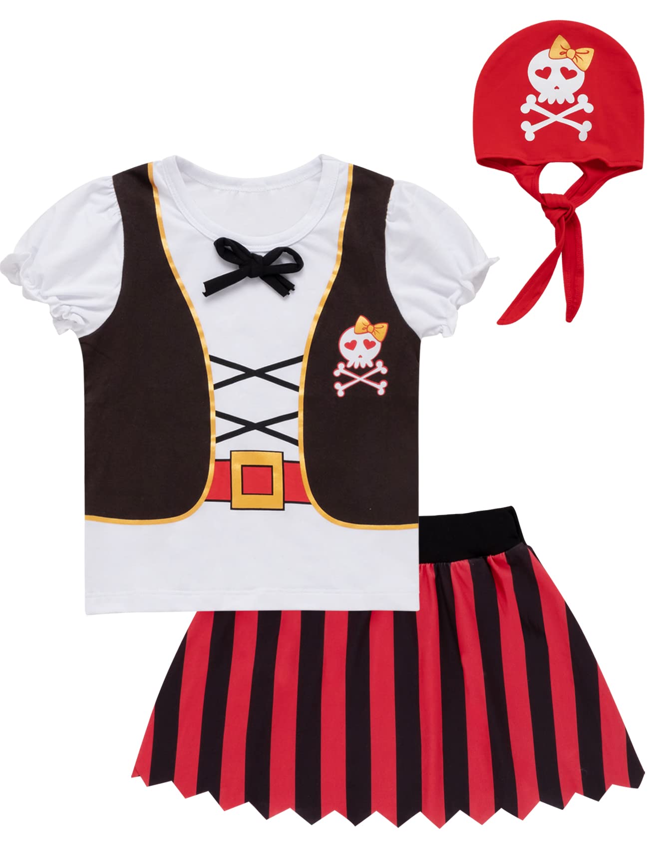 Auggle 3PC Toddler Baby Girl Outfits Halloween Costume Stripe Skirt Kid Pirate Short Sleeve with Hat (Red, 3T)