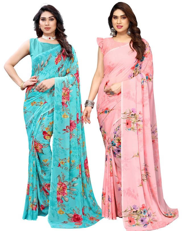 Satrani Womens Pure Georgette Saree (1850S176N_3112S2151N_Aqua Blue | Pink)
