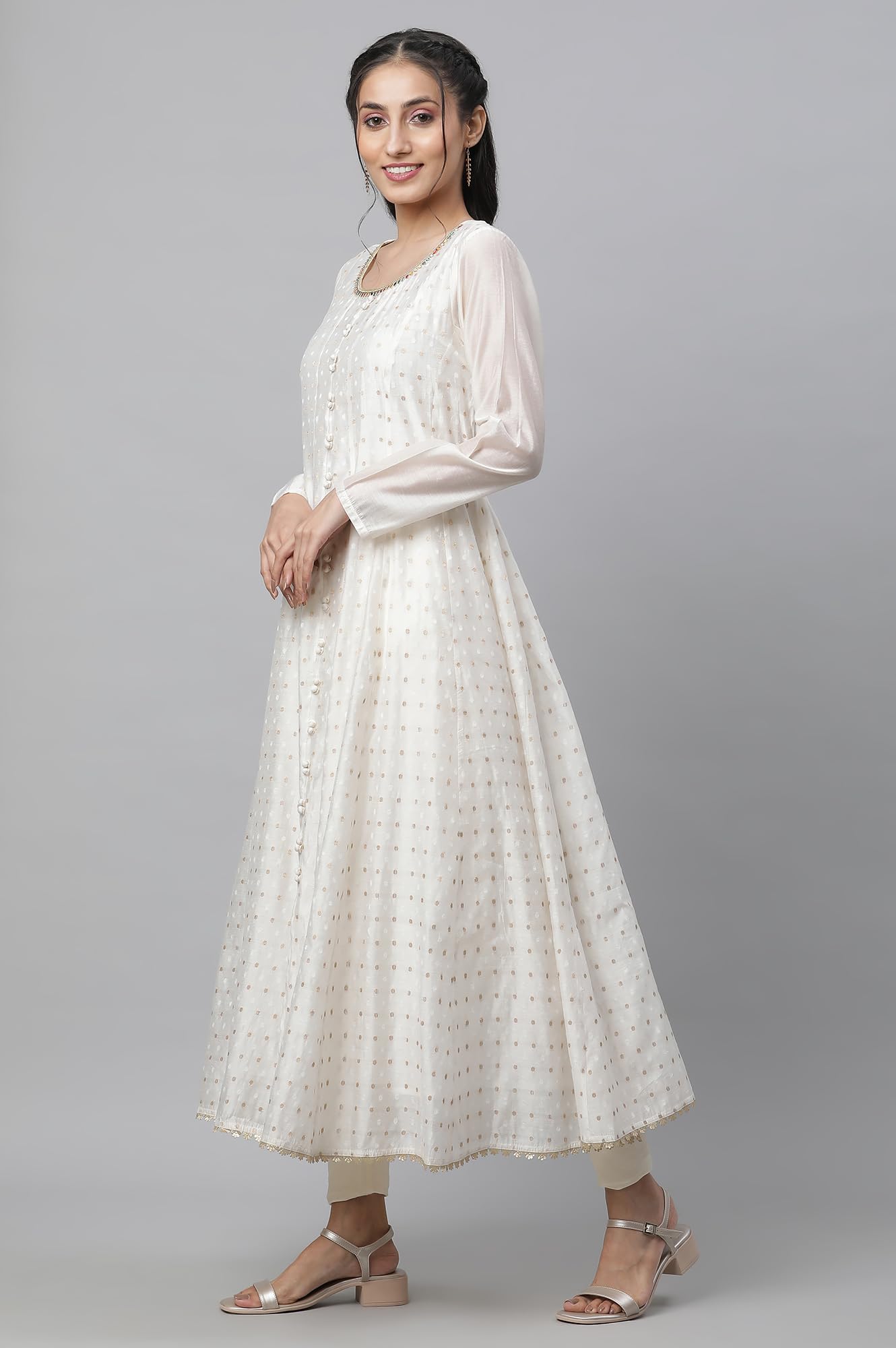 Aurelia Womens Off-White Chanderi Butti Embellished Flared Kurta, Tights and Jaquard Dupatta_23AUD10603-704295_S