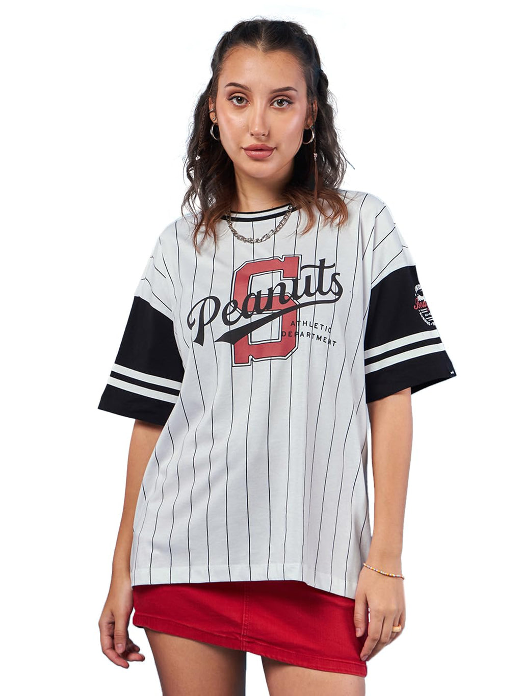 Bewakoof Official Peanuts Merchandise Womens All Over Printed Oversized Fit Half Sleeve Round Neck Cotton Jersey T-Shirt_627813