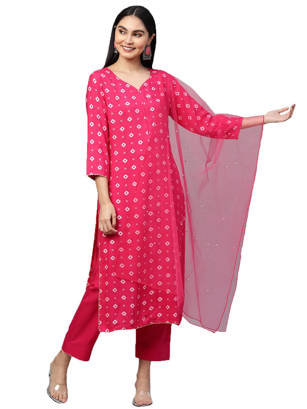 ANNI DESIGNER Women's Cotton Straight Kurta with Pant & Dupatta (SASI Pink_M_Pink_Medium)