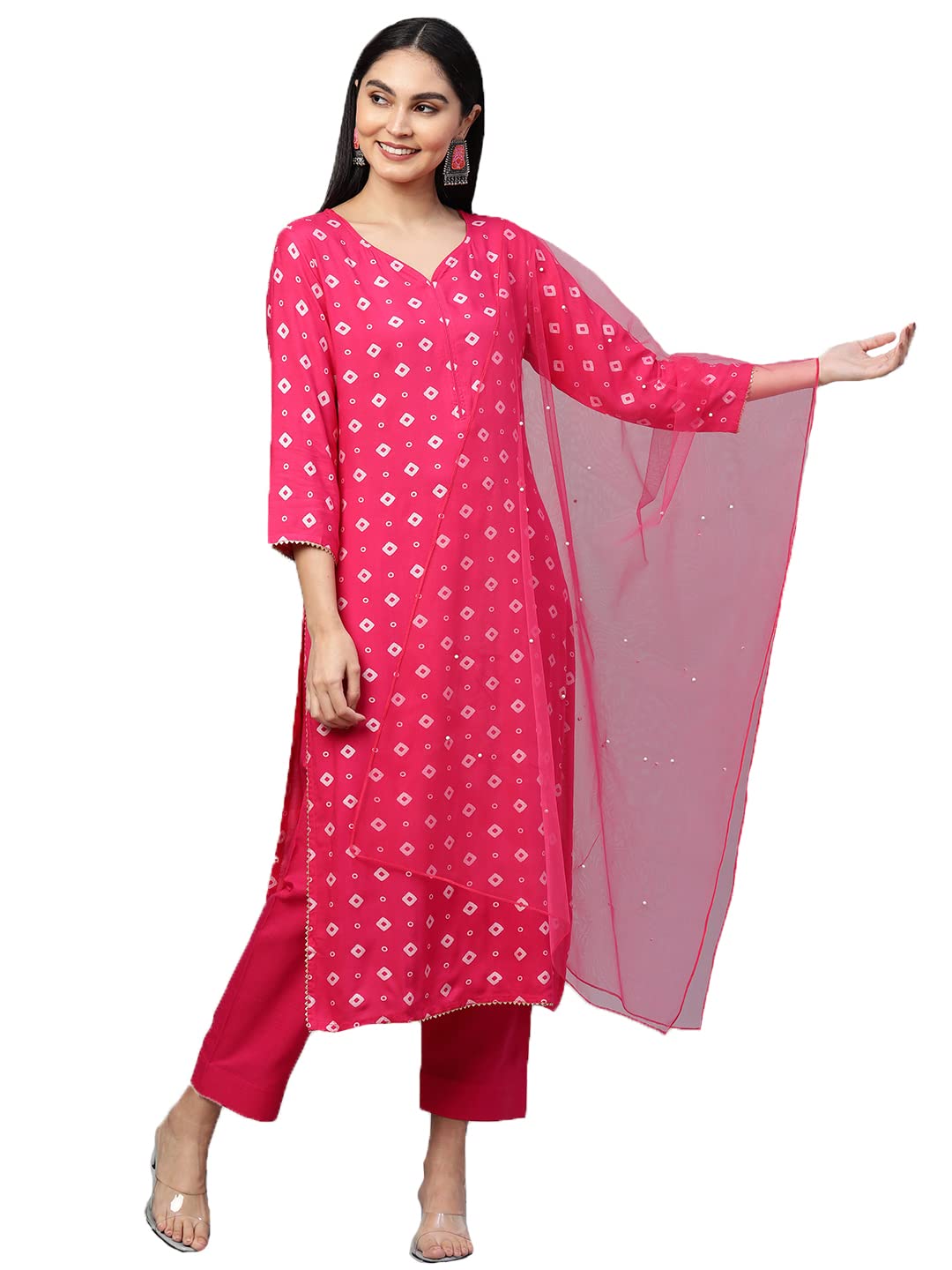 ANNI DESIGNER Women's Cotton Straight Kurta with Pant & Dupatta (SASI Pink_M_Pink_Medium)