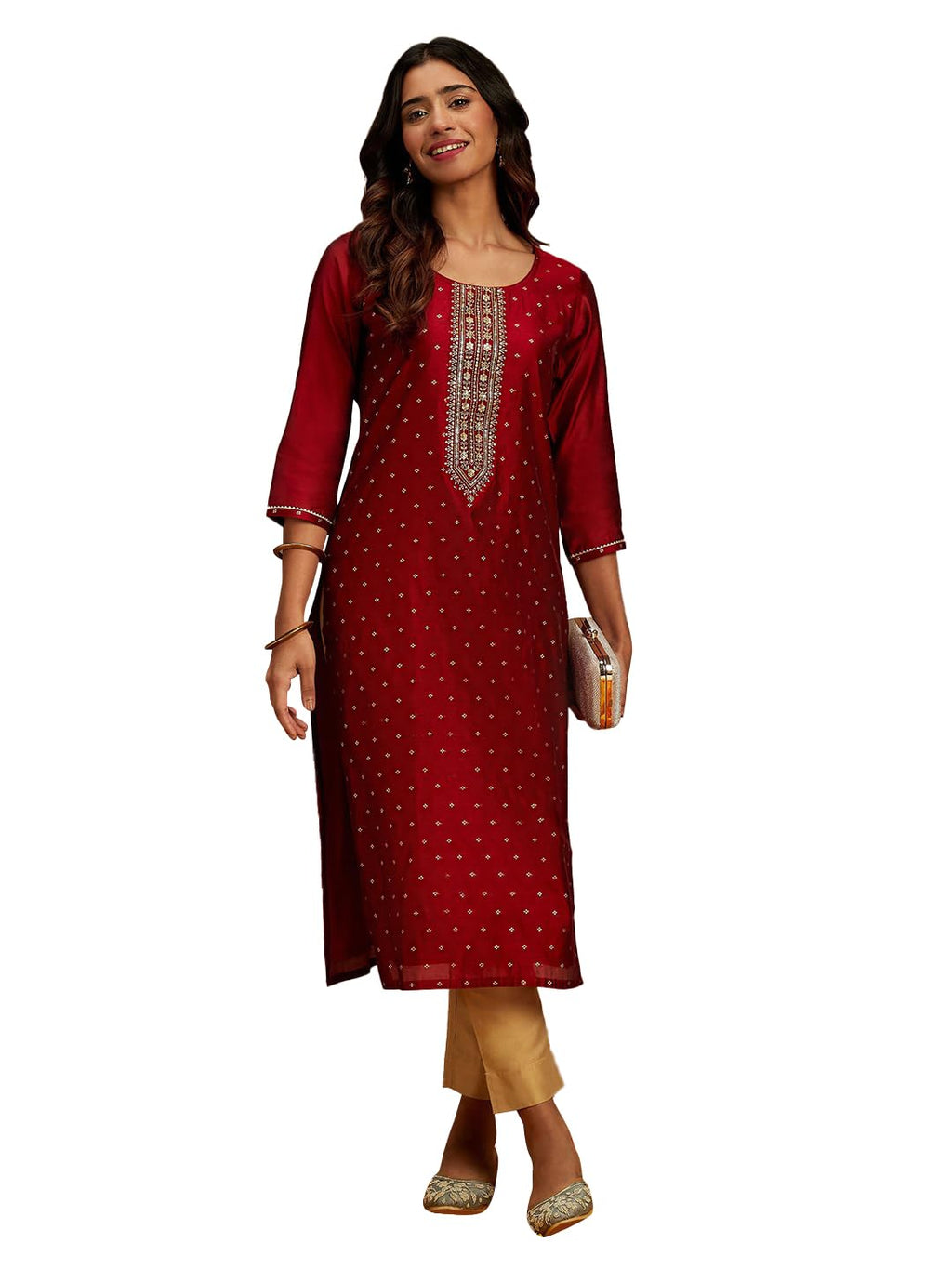 Libas Womens Woven Design Silk Blend Straight Kurta For Women Maroon