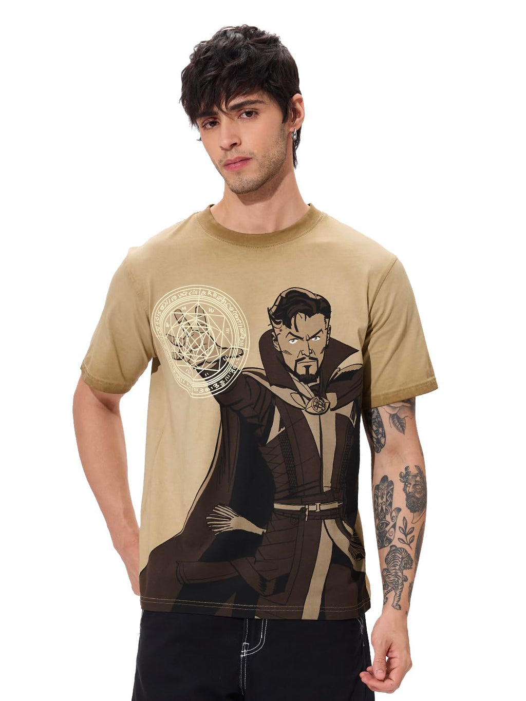The Souled Store Doctor Strange: Mystic Arts Men and Boys Short Sleeves Round Neck Brown Graphic Printed Regular Fit Cotton T-Sh