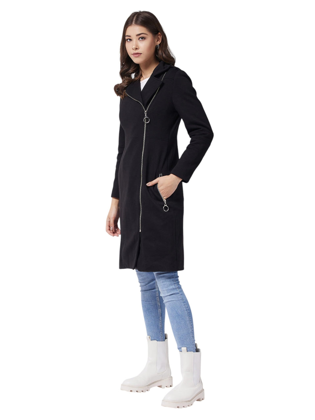 Miss Chase Womens Notch Collar Full Sleeve Double Breasted Knee Length Jacket (MCAW24JKT99-52-381-06, Midnight Black, XL)