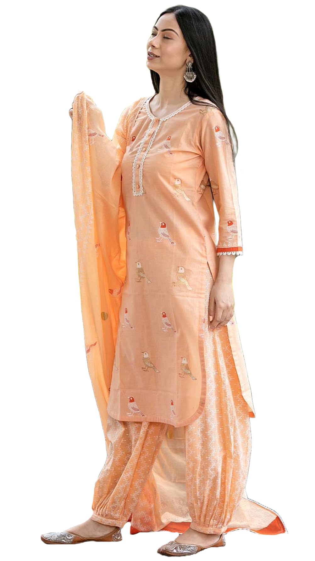ANNI DESIGNER Ladies Cotton Blend Dupatta Kurta Trousers, peach, S