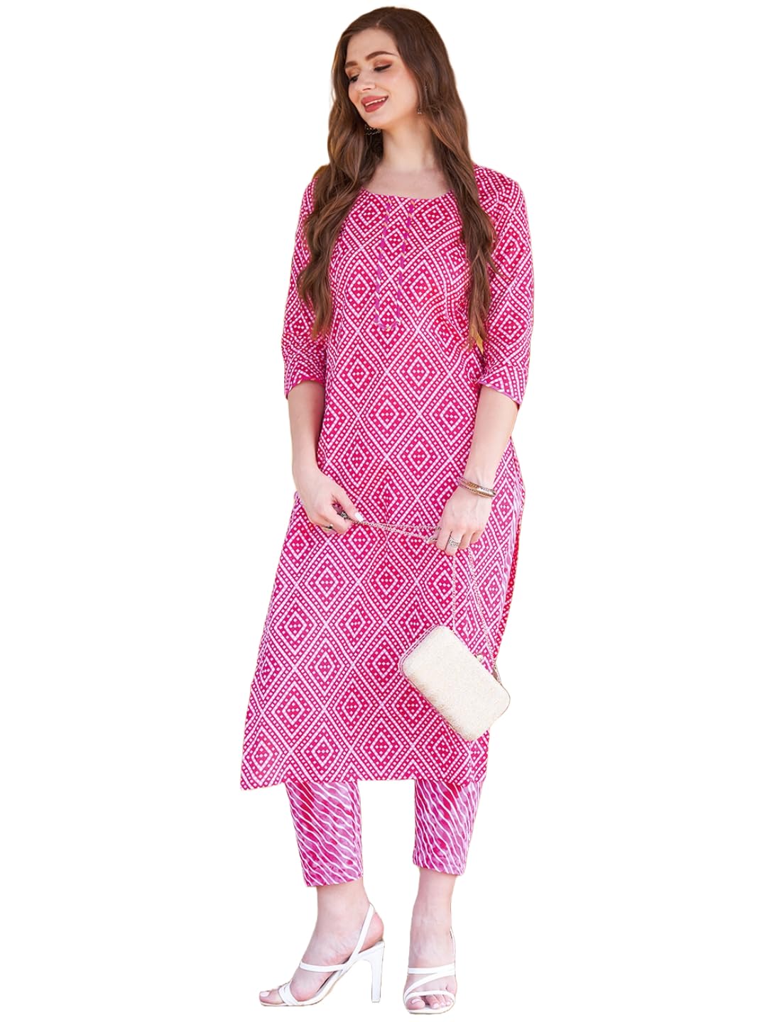 ANNI DESIGNER Womens Cotton Blend Straight Printed Kurta with Pant Set (Logar Pink_L_Pink_Large)