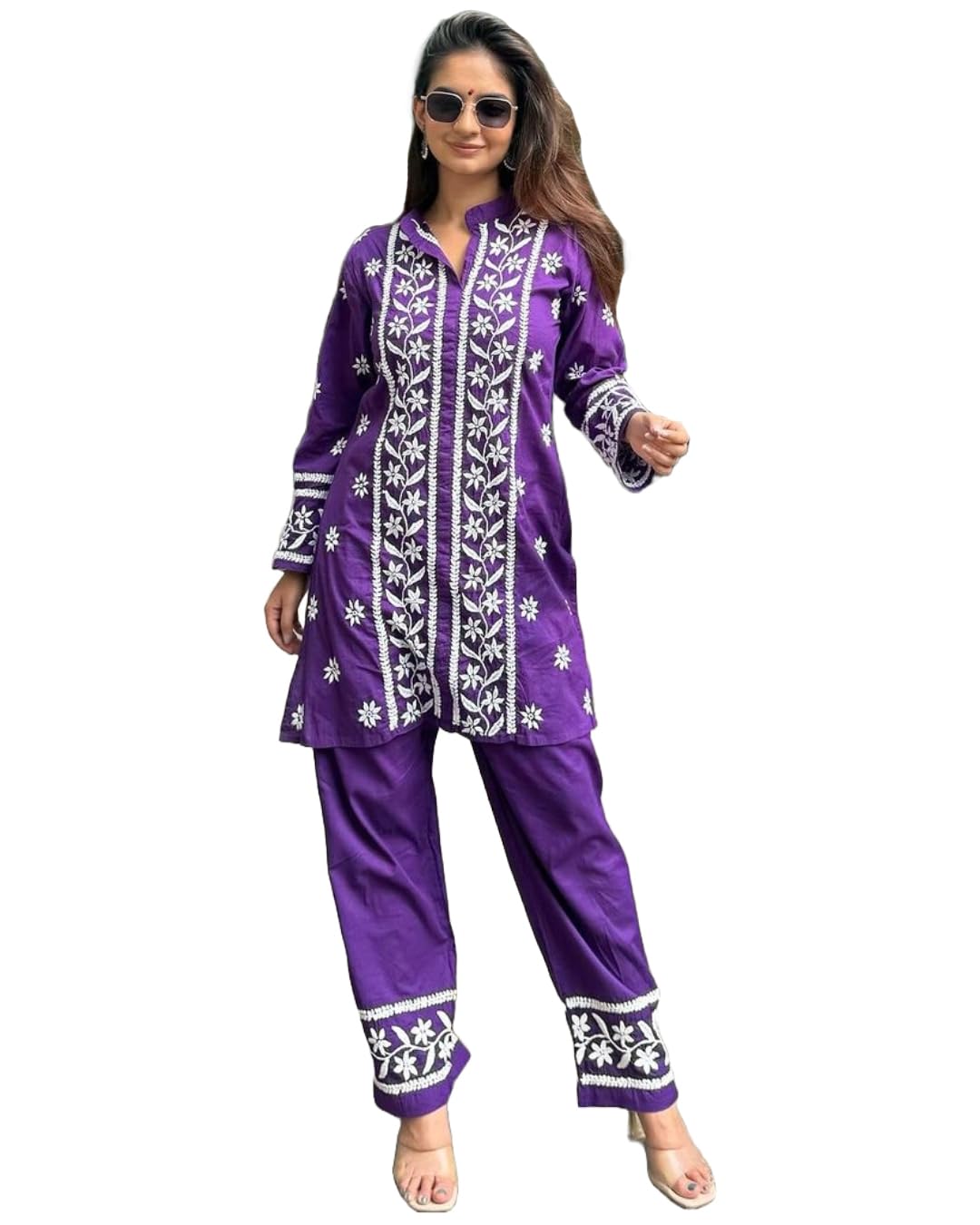 ANNI DESIGNER Womens Cotton Blend Straight Chikankari Embroidered Kurta with Palazzo (LKO Purple-NSC_M_Purple_Medium)
